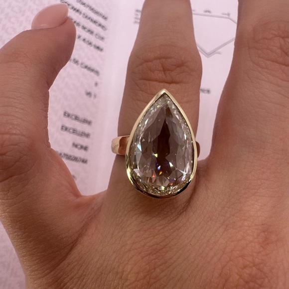 6.55 carat F VS1 rose cut pear shaped diamond bezel solitaire engagement ring - Picture 5 of 9